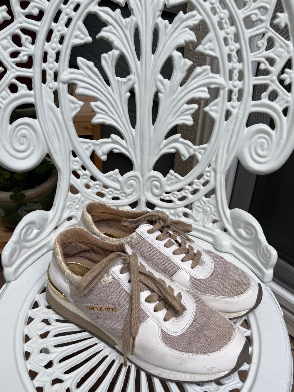 Michael Kors Beige, White & Gold Women's Low-Top Sneakers